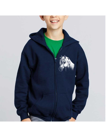 Veste sweat zippée enfant poney. Couleur bleu-marine. Devant.