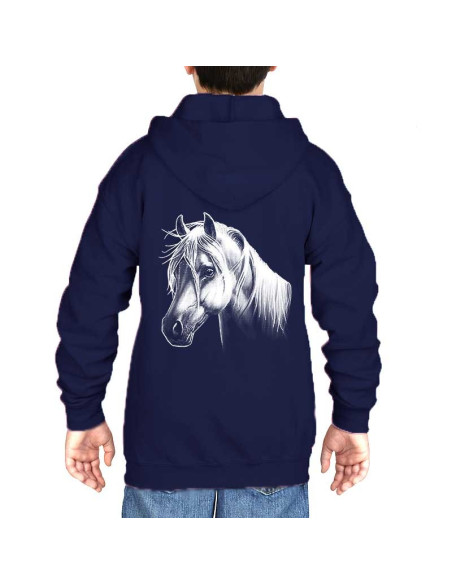 Veste sweat zippée enfant poney. Couleur bleu-marine. Dos.