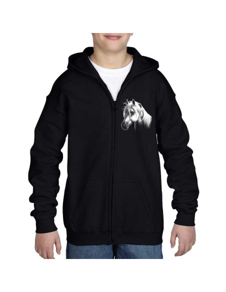 Veste sweat zippée enfant poney. Couleur noire. Devant.