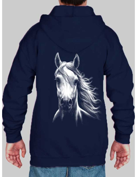 Sweat-shirt bleu marine capuche avec zip enfant - Cheval blanc. Dos