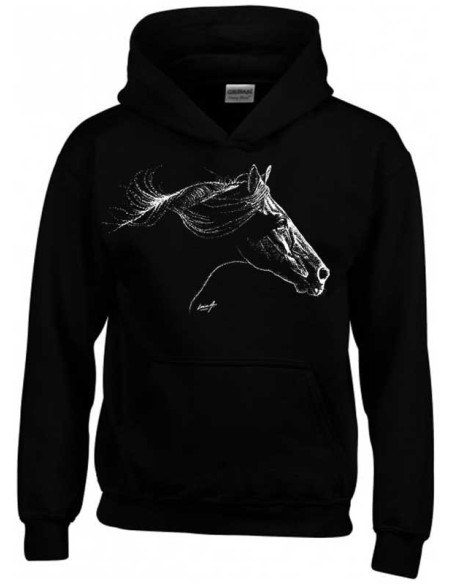 Sweat noir capuche enfant mixte cheval