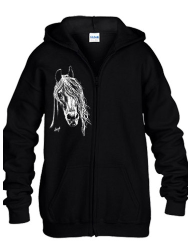 Sweat-shirt noir capuche avec zip enfant - Cheval blanc. Devant