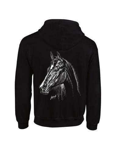 Sweat zippé femme noir, portrait cheval au dos
