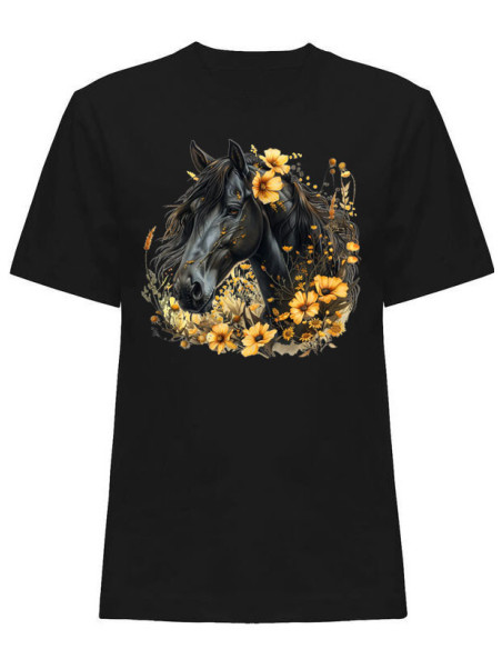 T-shirt noir cheval avec fleurs