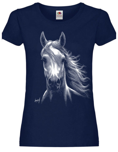 T-shirt bleu-marine femme. Cheval blanc