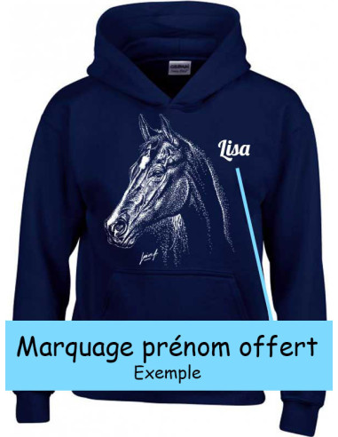 Sweat-shirt enfant bleu-marine. Portrait de cheval avec prénom.