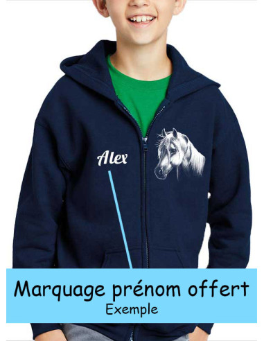 Veste sweat zippée enfant poney. Couleur bleu-marine avec prénom devant