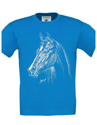 T-shirt bleu enfant, portrait d'un cheval