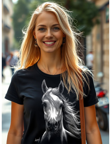 T-shirt noir femme avec cheval blanc
