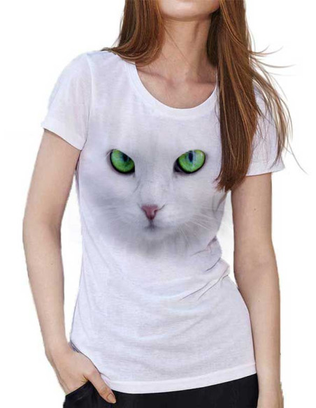 T-shirt Blanc - Chat blanc aux yeux verts